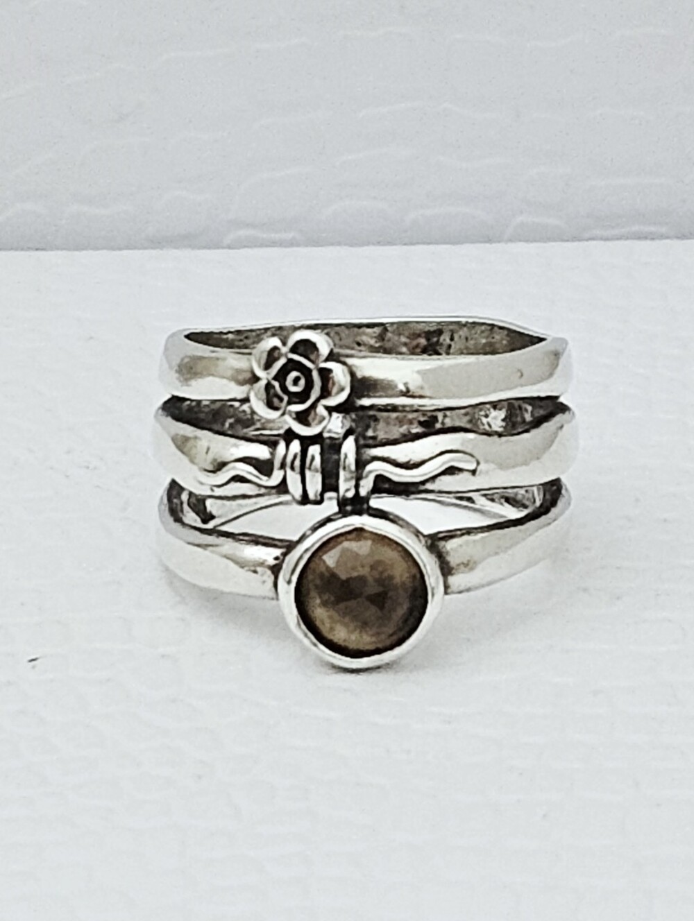 Silpada Very Rare Sterling Silver Smoky Quartz Flower Triple Band Ring Size 7